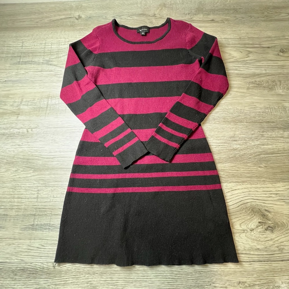 AB Studio Sweater Dress Womens Large Magenta Black Striped Ribbed Knit Grunge